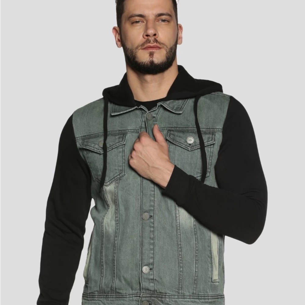 Calvin Klein Men's Grey Denim Jacket with Black Sweatshirt Sleeves